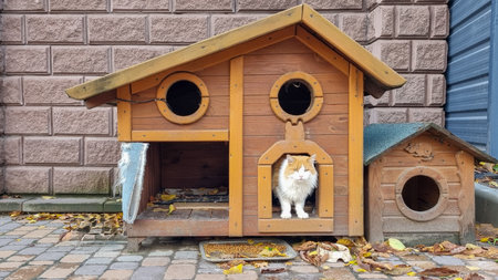 stray cat sitting in outdoor wooden cat house. Pet shelterの写真素材