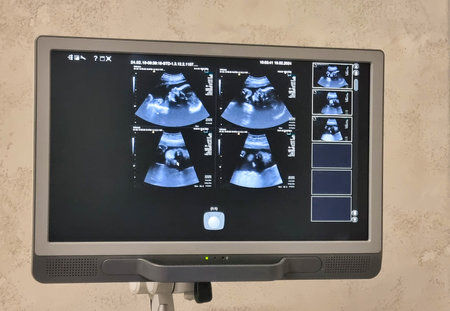 ultrasound monitor with fetus pictures, ultrasound equipment with baby pictures, medical examination of the body of the pregnant woman patientの写真素材