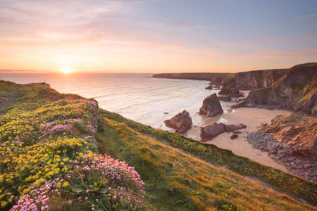 Sunset Bedruthan Steps Cornwall Ukの写真素材