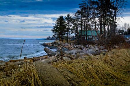 On Discovery Passage, the coastline of East Vancouver Island looking south east from Campbell River.