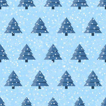 Seamless pattern with cartoon Christmas trees with snowflakes on a neutral backgroundのイラスト素材