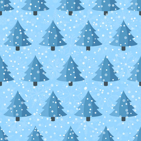 Seamless pattern with cartoon Christmas trees with snowflakes on a neutral backgroundのイラスト素材
