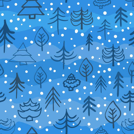 Seamless pattern with cartoon Christmas trees with snowflakes on a neutral backgroundのイラスト素材
