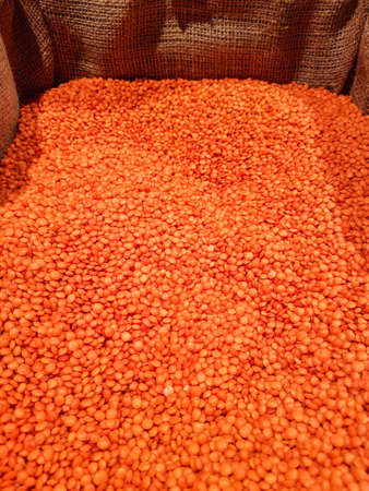 Raw Lentils in a sack cloth close upの写真素材