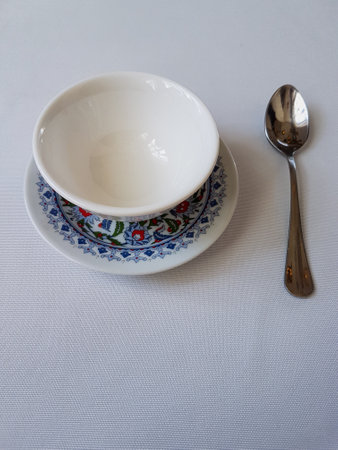 Two empty tea bowls in a restaurant Oriental ornamentの写真素材