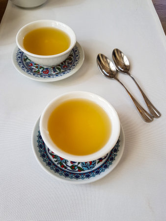 Two tea bowls in a restaurant Oriental ornamentの写真素材