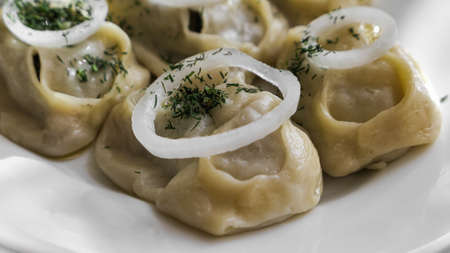 Manty dumplings or ravioli Food photography close upの写真素材