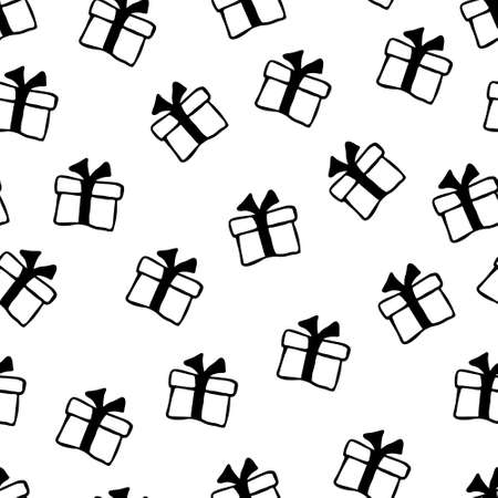 Black and white Hand drawn Seamless pattern with gift boxesの写真素材