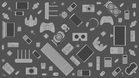 Gadgets and devices pattern collection Set of computer hardware components and electronics...