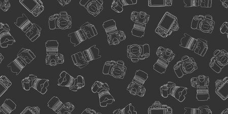 Hand drawn photo camera seamless pattern Gray technology backgroundの写真素材