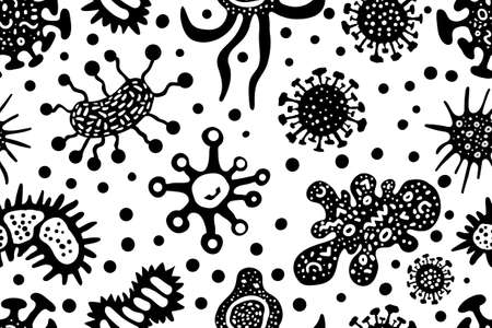 Infection bacteria microbe organism pandemic virus hand drawn seamless pattern illustration
