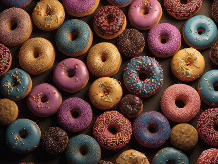 Set of different colorful glazed donuts background created with Generative AI technologyの素材