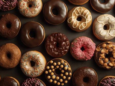 Set of different colorful glazed donuts background created with Generative AI technologyの素材