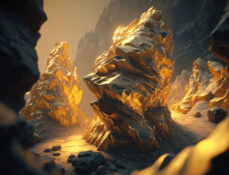 Fantasy golden mountains background created with Generative AI technologyの素材