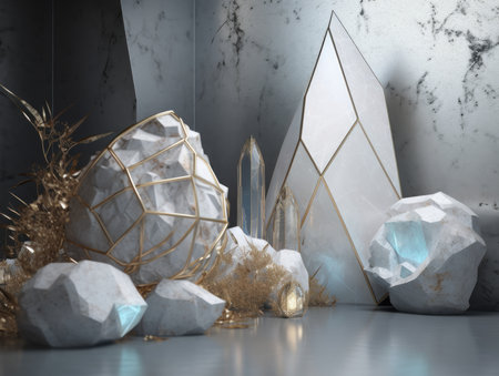White and gold, crystal and marble geometrical shapes, geometrical primitives pattern, abstract background created with Generative AI technologyの素材