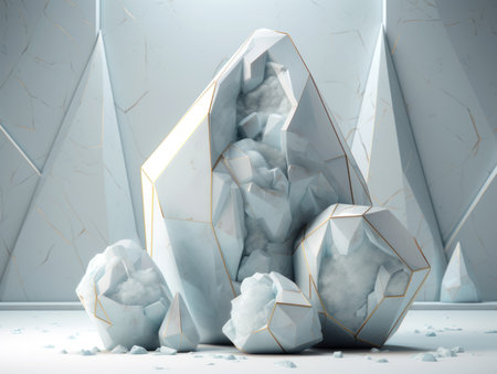 White and gold, crystal and marble geometrical shapes, geometrical primitives pattern, abstract background created with Generative AI technologyの素材