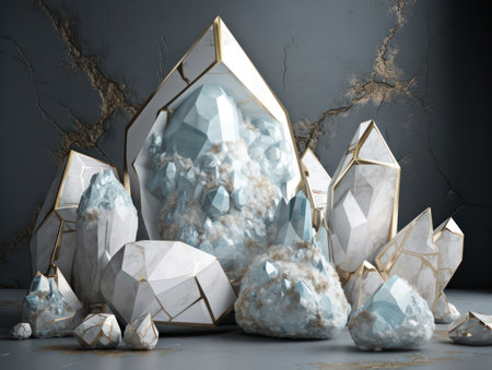 White and gold, crystal and marble geometrical shapes, geometrical primitives pattern, abstract background created with Generative AI technologyの素材
