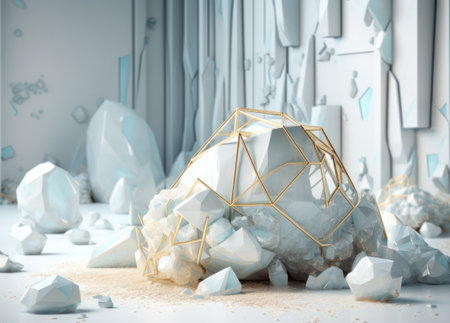 White and gold, crystal and marble geometrical shapes, geometrical primitives pattern, abstract background created with Generative AI technologyの素材