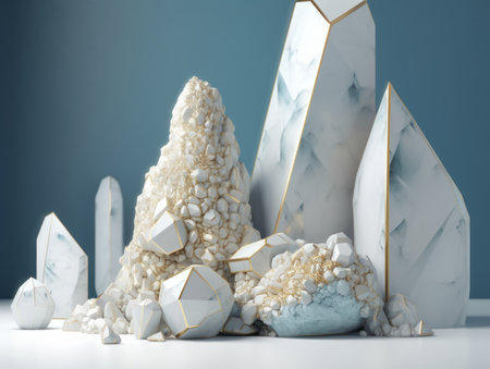 White and gold, crystal and marble geometrical shapes, geometrical primitives pattern, abstract background created with Generative AI technologyの素材
