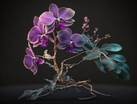 Beautiful amethyst crystal orchid flower with a branch on a dark background created with Generative AI technologyの素材
