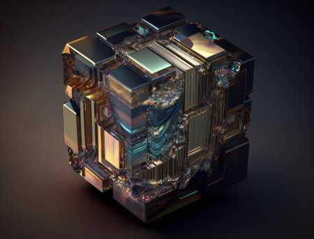 Colorful shiny rainbow Bismuth Gemstone cubes dark background created with Generative AI technologyの素材