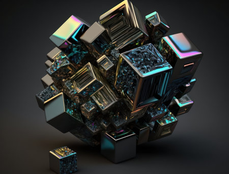 Colorful shiny rainbow Bismuth Gemstone cubes dark background created with Generative AI technologyの素材