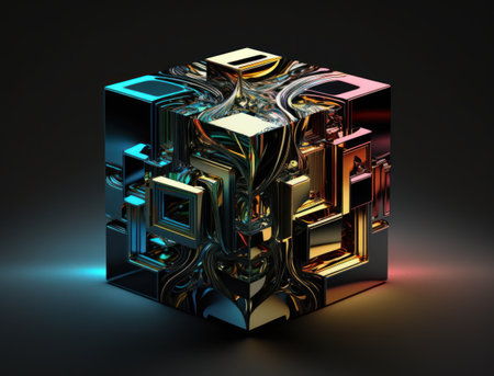 Colorful shiny rainbow Bismuth Gemstone cubes dark background created with Generative AI technologyの素材