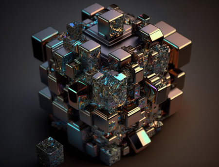 Colorful shiny rainbow Bismuth Gemstone cubes dark background created with Generative AI technologyの素材