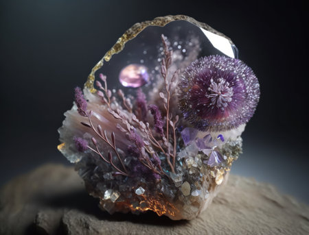 Beautiful transculent crystal with plants natural gemstone Generative AI technologyの素材