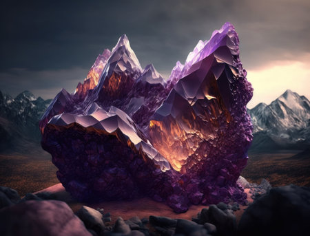 Beautiful purple amethyst mountains fantasy background natural gemstone Generative AI technologyの素材