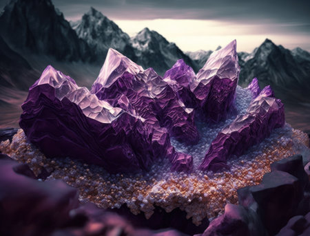 Beautiful purple amethyst mountains fantasy background natural gemstone Generative AI technologyの素材