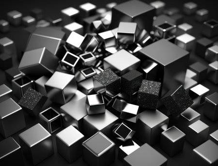 Futuristic cubes dark black background Abstract geometric mosaic grid Square tiles pattern Generative AI technologyの素材