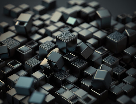 Futuristic cubes dark black background Abstract geometric mosaic grid Square tiles pattern Generative AI technologyの素材