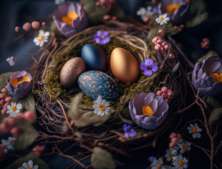 Happy Easter background concept with easter eggs in nest and spring flowers created with Generative AI technologyの素材
