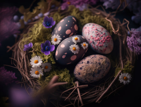 Happy Easter background concept with easter eggs in nest and spring flowers created with Generative AI technologyの素材