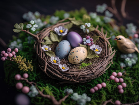 Happy Easter background concept with easter eggs in nest and spring flowers created with Generative AI technologyの素材