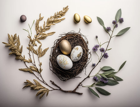 Happy Easter background concept with easter eggs and willow branch on a white background created with Generative AI technologyの素材