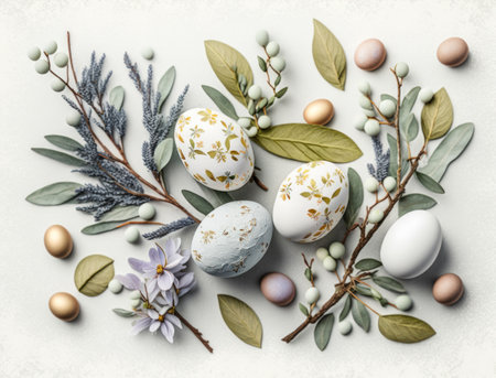 Happy Easter background concept with easter eggs and willow branch on a white background created with Generative AI technologyの素材