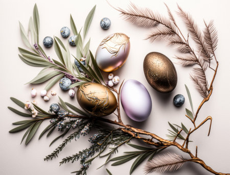 Happy Easter background concept with easter eggs and willow branch on a white background created with Generative AI technologyの素材