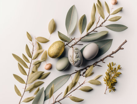 Happy Easter background concept with easter eggs and willow branch on a white background created with Generative AI technologyの素材