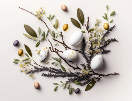 Happy Easter background concept with easter eggs and willow branch on a white background created with Generative AI technologyの素材