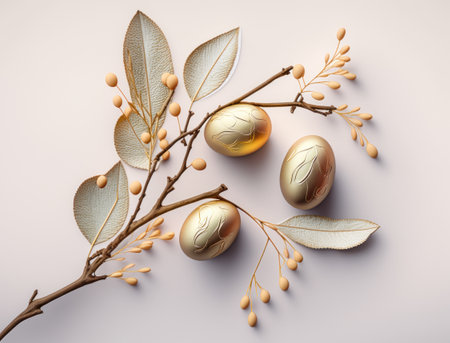 Happy Easter background concept with easter eggs and willow branch on a white background created with Generative AI technologyの素材