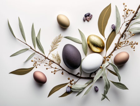 Happy Easter background concept with easter eggs and willow branch on a white background created with Generative AI technologyの素材
