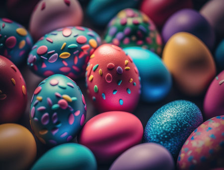 Happy Easter background concept with colorful easter eggs flat lay created with Generative AI technologyの素材