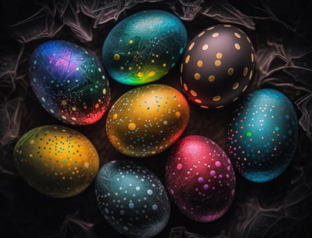 Happy Easter background concept with colorful easter eggs flat lay created with Generative AI technologyの素材