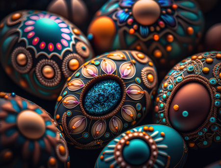 Happy Easter background concept with colorful easter eggs flat lay created with Generative AI technologyの素材