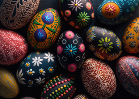 Happy Easter background concept with colorful easter eggs flat lay created with Generative AI technologyの素材