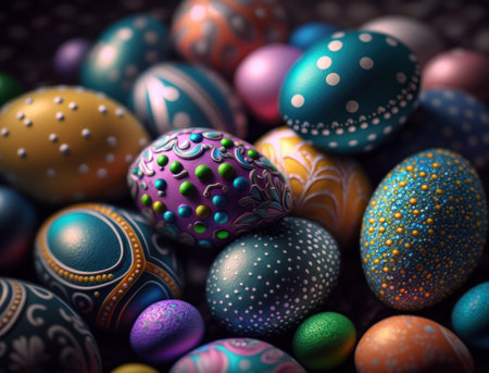 Happy Easter background concept with colorful easter eggs flat lay created with Generative AI technologyの素材