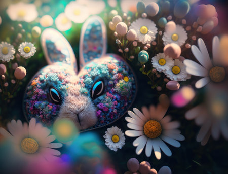 Happy Easter background concept Bunny with easter eggs on meadow with flowers created with Generative AI technologyの素材