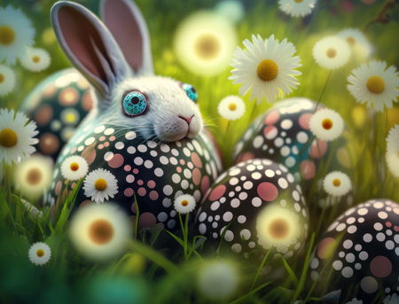 Happy Easter background concept Bunny with easter eggs on meadow with flowers created with Generative AI technologyの素材